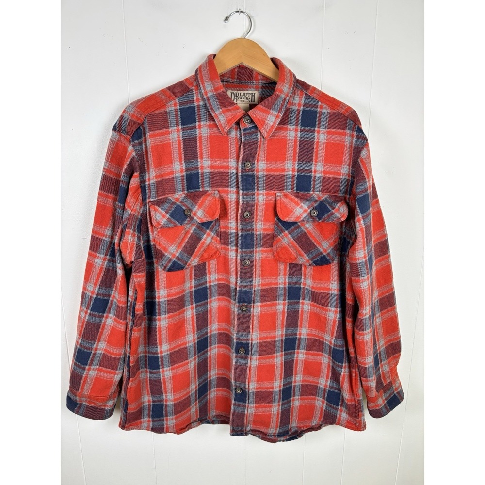 Duluth Trading Mens Large Red Orange Plaid Burlyweight Flannel Shirt Thick Heavy